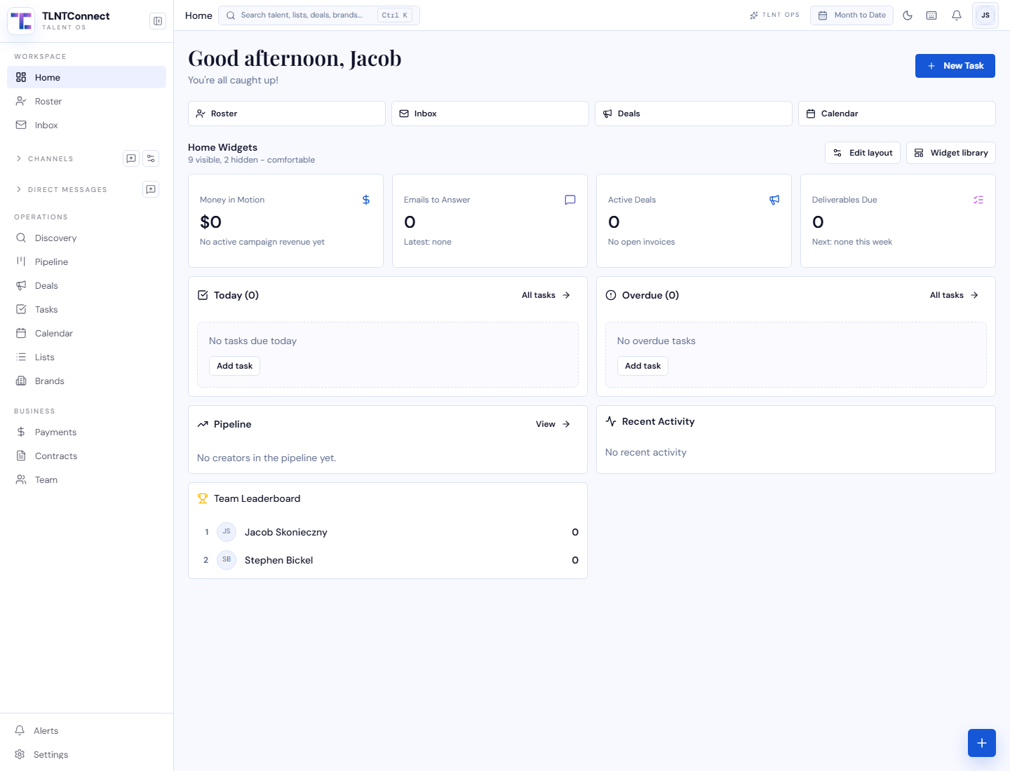 TLNTConnect dashboard showing agency roster, deal, discovery, and revenue operations