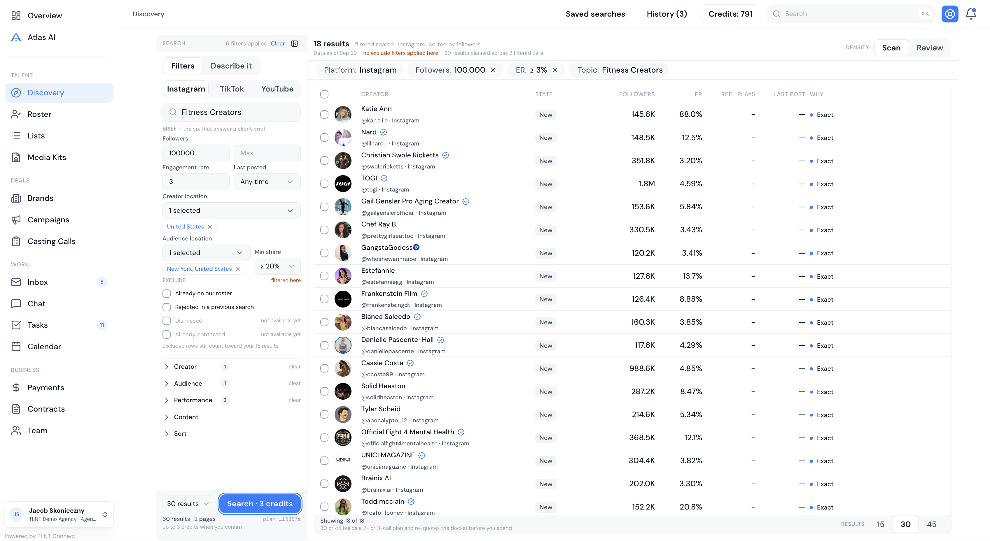 TLNT Connect Discovery showing creator search filters, follower counts and engagement rates